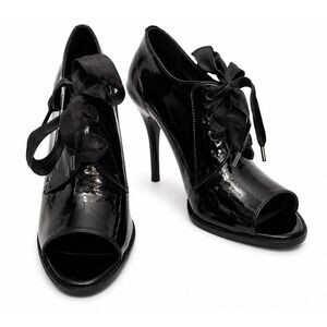 Juicy Couture Womens Stiletto Shoe Bootie Size 8 Black‎ Patent Lace Up Peep Toe